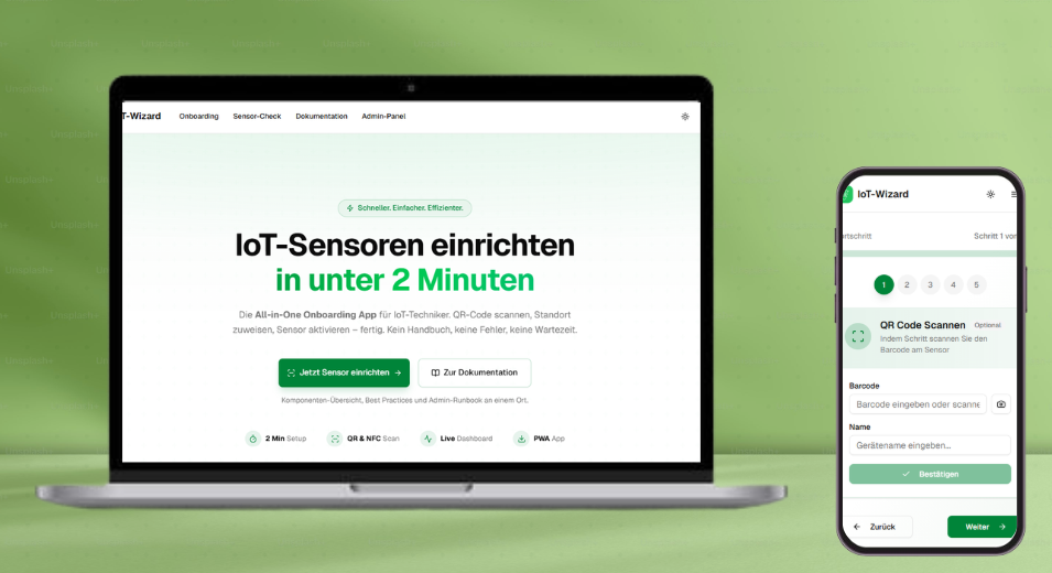 IoT-Wizard Web-App und Mobile App – Laptop mit Landing-Page, Smartphone mit Onboarding-Schritt