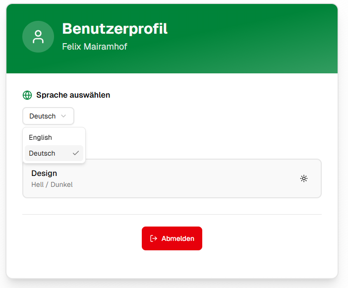 Benutzerprofil mit Sprach- und Design-Einstellungen