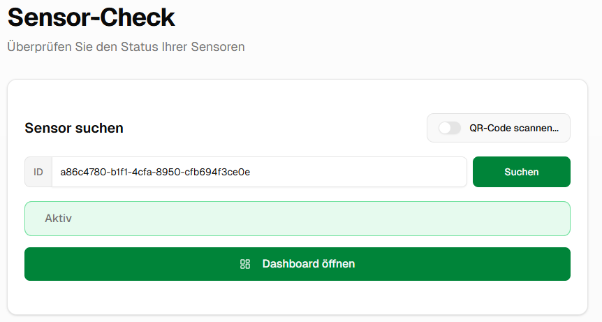 Sensor gefunden – Aktiver Status mit Dashboard-Zugriff
