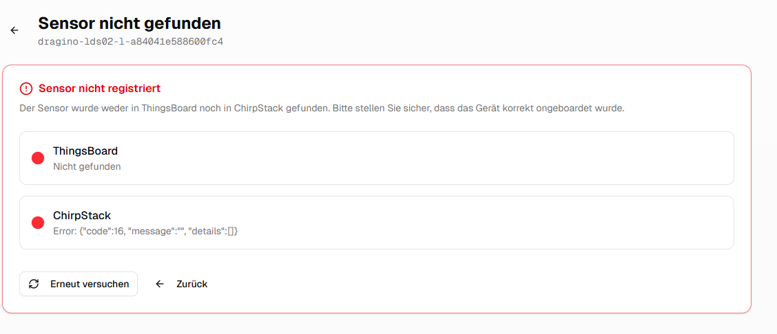 Sensor nicht gefunden – Nicht registriert in ThingsBoard oder ChirpStack